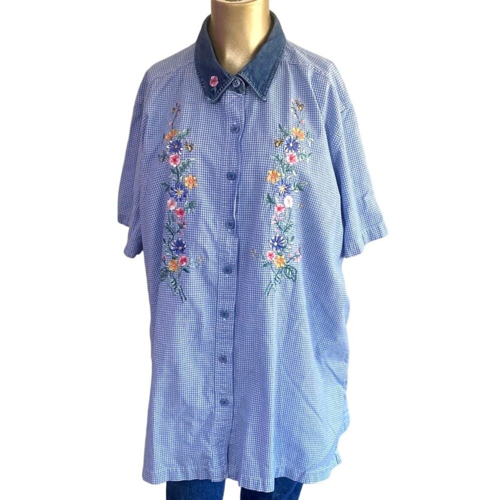VTG Bobbie Brooks Blue Gingham Embroidered Flowers Bumble Bee Shirt Plus18W/20W